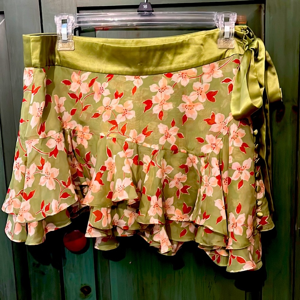 Abercrombie & Fitch olive green asymmetrical silk Mini Skirt